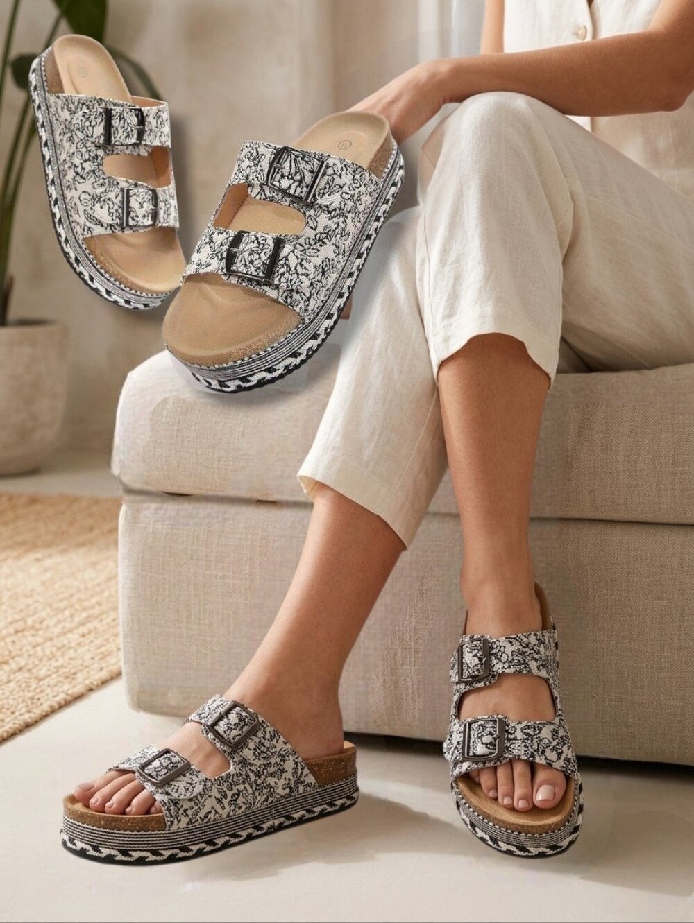 Like New 🌸 Women's Bohemian Double-Buckle Cork Platform Slides